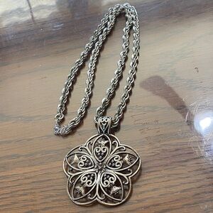 5/$15 Ornate Silver Floral Openwork Pendant with heavy rope chain Necklace